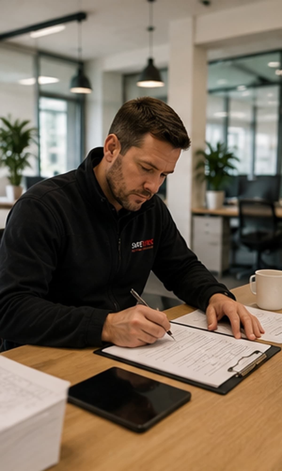 Fire safety consultant completing a fire risk assessment on-site