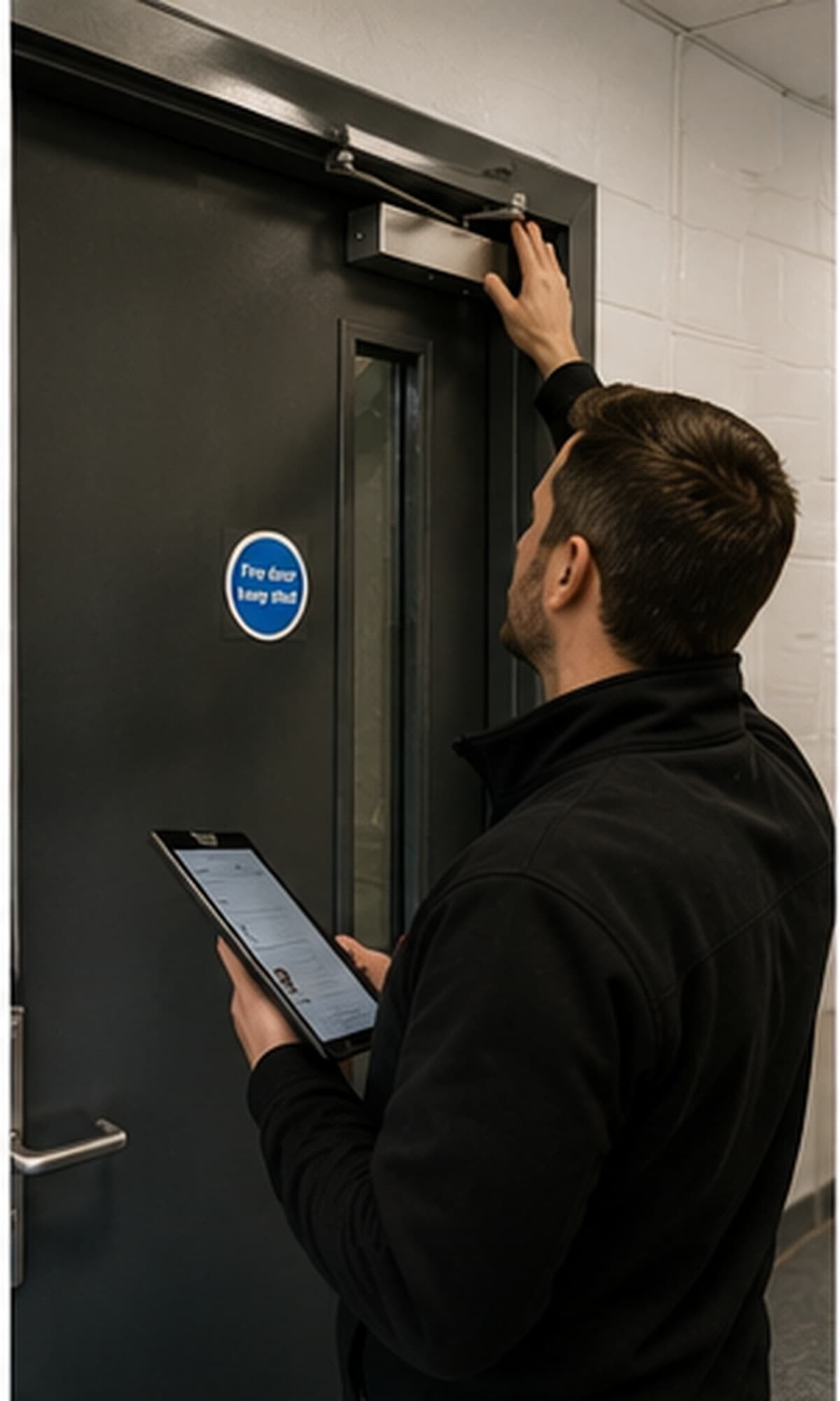 Consultant inspecting a fire door closer and hardware during a survey