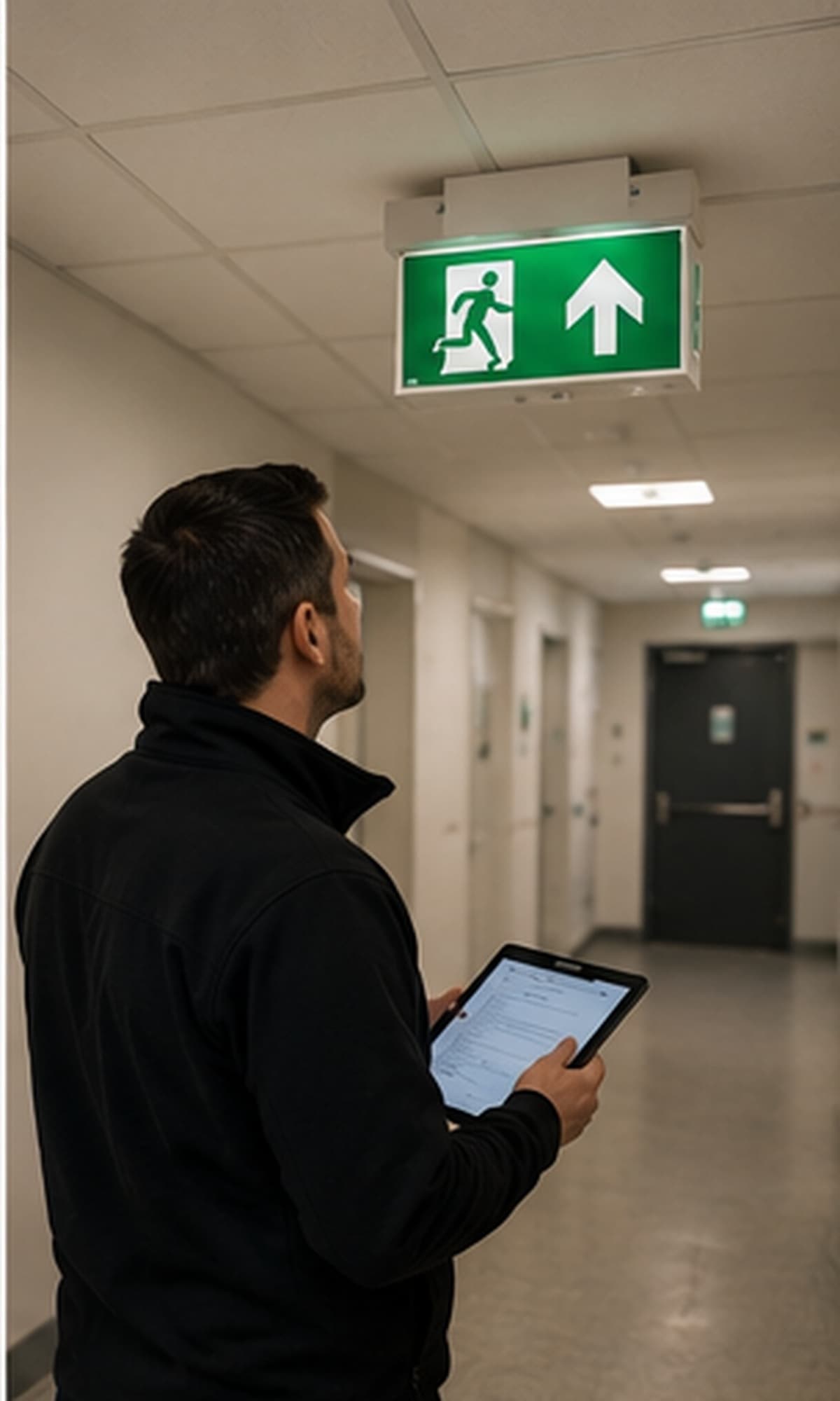 Consultant assessing means of escape and emergency signage