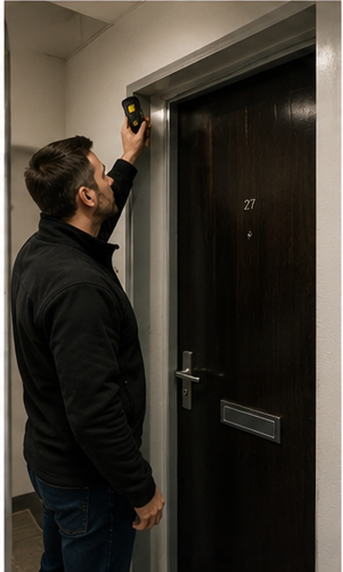 Consultant inspecting a fire door in a residential building