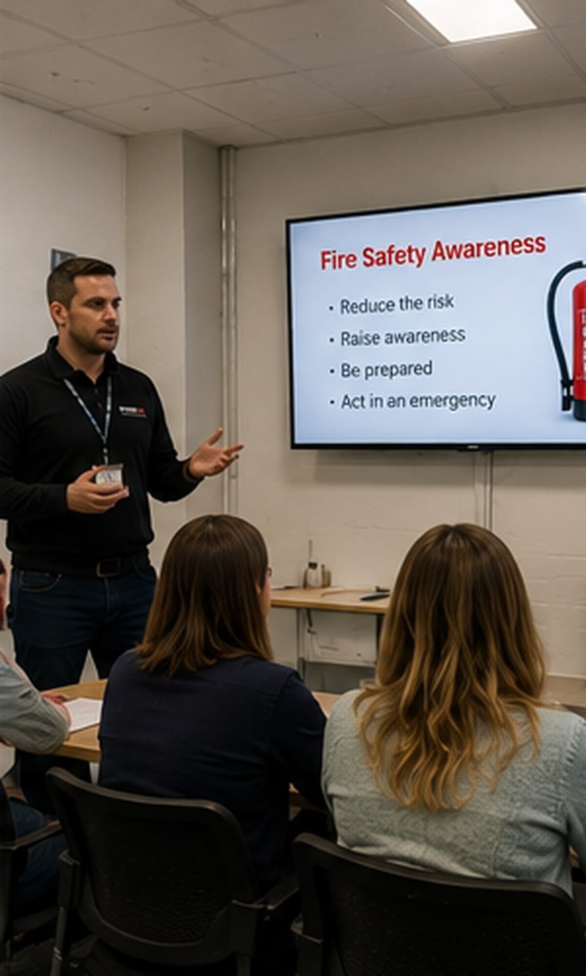 Fire safety trainer delivering a fire awareness session to employees