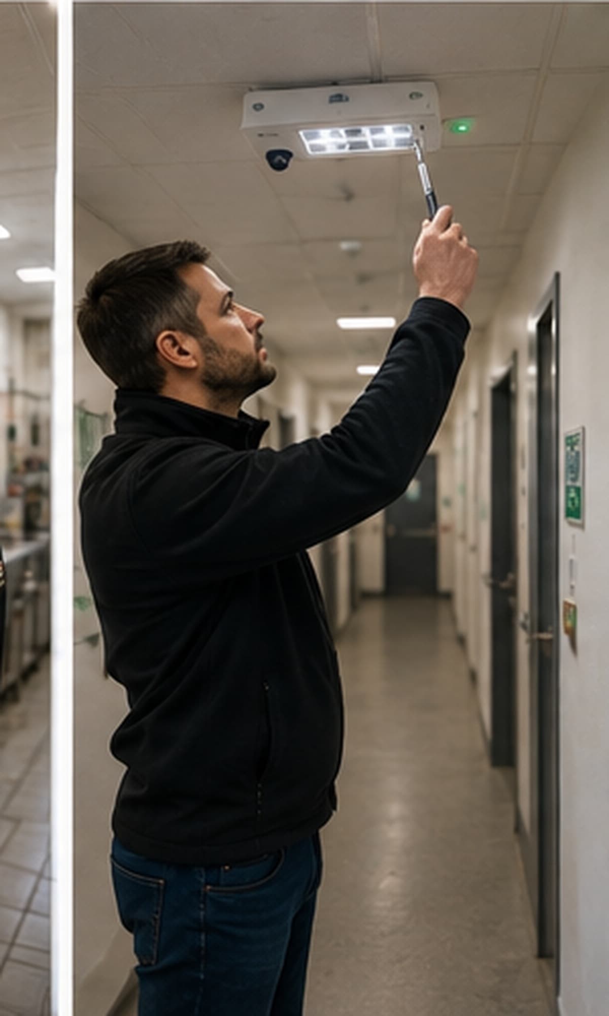 Consultant inspecting emergency lighting in a building corridor